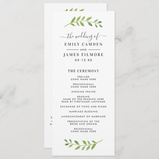 Programme Cérémonie Mariage encadrée dans Watercolor Greener (Devant / Derrière)