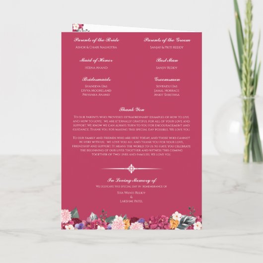 Programme Cérémonie Mariage hindoue Fleurs tropicales lumine (Dos)