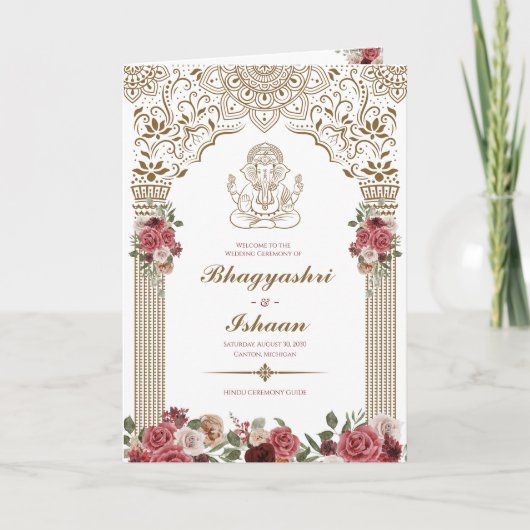 Programme Cérémonie Mariage hindoue (rose rouge or) pliée (Devant)