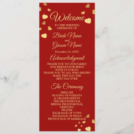 Programme Cérémonie mariage Oiseaux d'or Coeurs Rouge brilla (Devant)