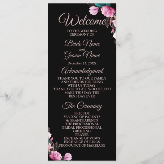 Programme Cérémonie mariage rose Floral Noir moderne (Devant)