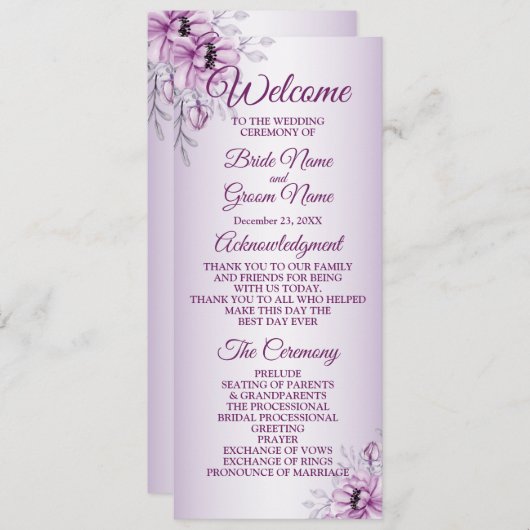 Programme Cérémonie mariage Rose Floral Violet Violet Frame (Devant / Derrière)