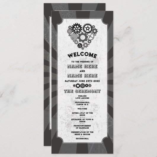 Programme Cérémonie Mariage Steampunk Coeurs Cogs Retro (Devant / Derrière)
