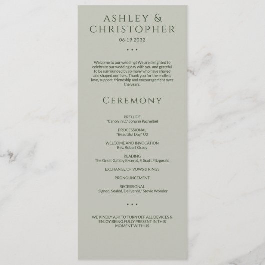 Programme Cérémonie minimaliste de Mariage moderne Moss & Sa (Devant)