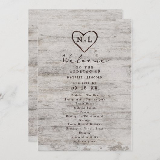 Programme Cérémonie Rustique de Mariage de bouleau sculpté (Devant / Derrière)