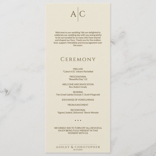 Programme Cérémonie simple de Mariage de bronze et de monogr (Devant)