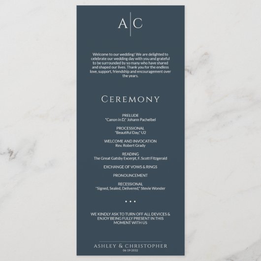 Programme Cérémonie simple de Mariage de Monogramme bleu mar (Devant)