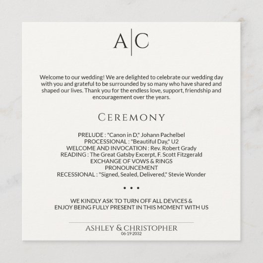 Programme Cérémonie simple de Mariage de monogramme noir et (Devant)