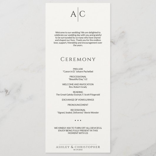 Programme Cérémonie simple de Mariage de monogramme noir et (Devant)