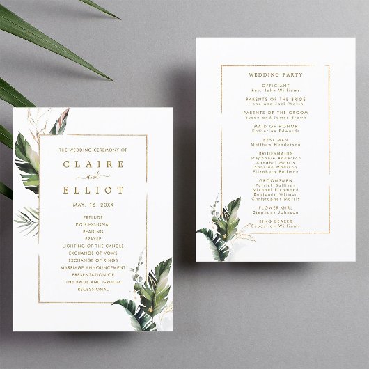 Programme Cérémonie Tropical Watercolor Feuille Gold Mariage
