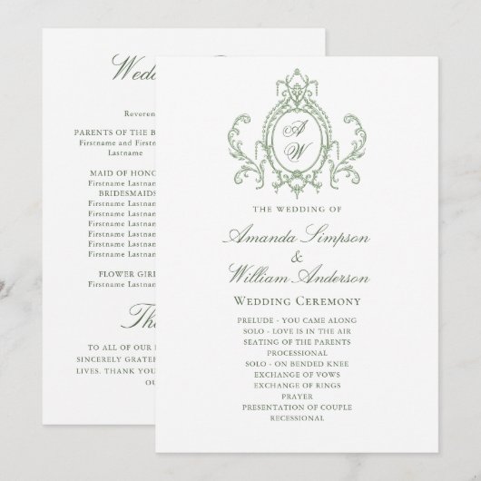 Programme Cérémonie victorienne de Mariage orné Grace Sage v (Devant / Derrière)