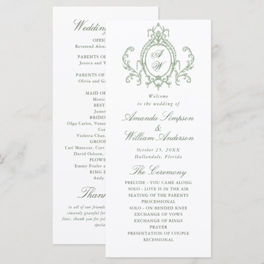 Programme Cérémonie victorienne de Mariage orné Grace Sage v (Devant / Derrière)