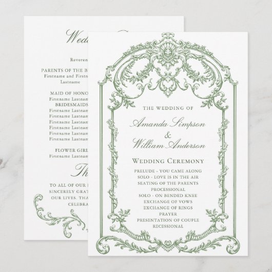 Programme Cérémonie victorienne de Mariage orné Grace Sage v (Devant / Derrière)