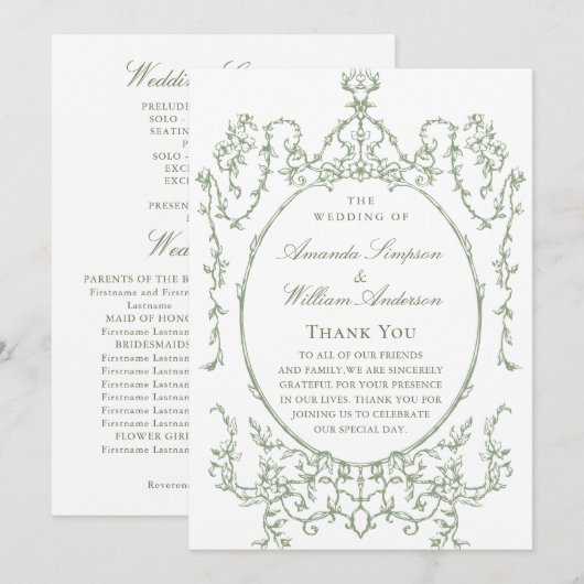 Programme Cérémonie victorienne de Mariage orné Grace Sage v (Devant / Derrière)