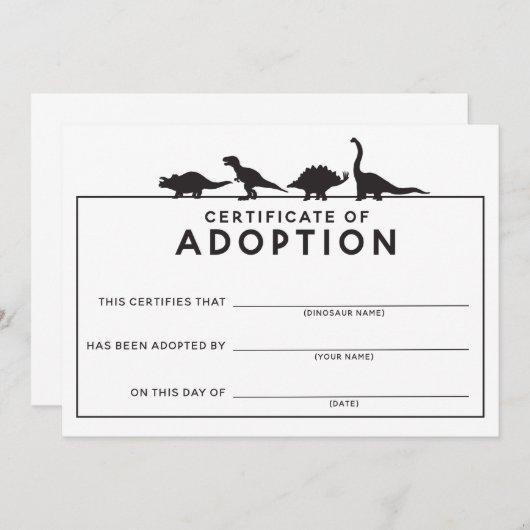 Programme Certificat d'adoption DInosaur Activité d'annivers (Devant / Derrière)