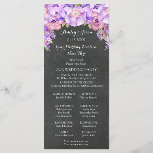 Programme Chalkboard Purple Lavender Floral Wedding Program (Dos)