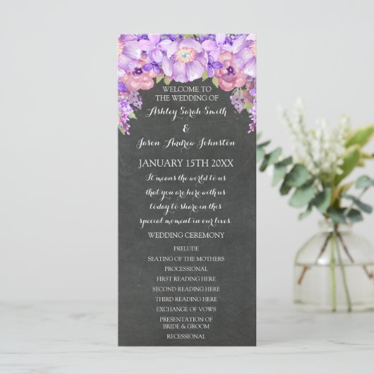 Programme Chalkboard Purple Lavender Floral Wedding Program (Debout devant)