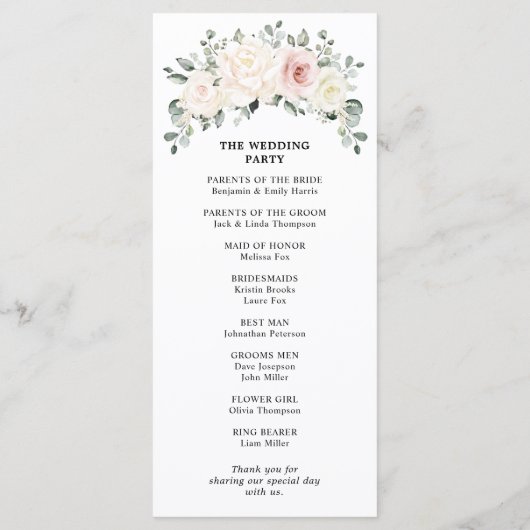 Programme Champagne Ivory Blush rose Floral Mariage (Dos)