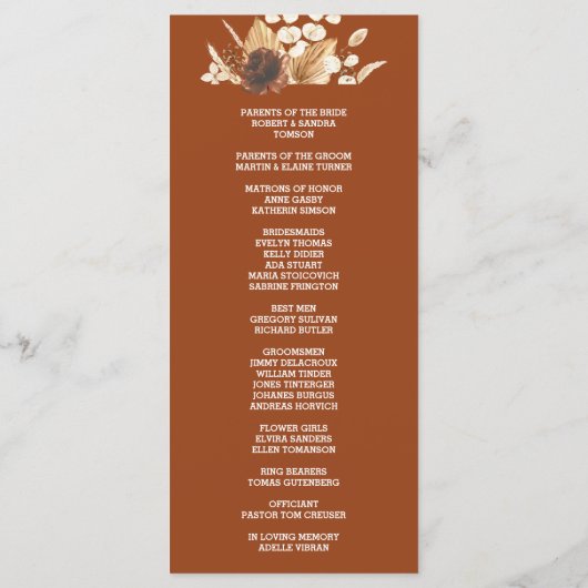 Programme Charmante Terracotta Pampas Grass Mariage Floral (Dos)