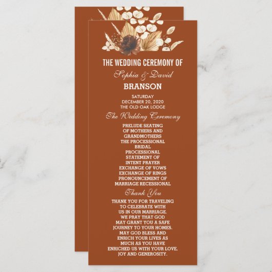 Programme Charmante Terracotta Pampas Grass Mariage Floral (Devant / Derrière)