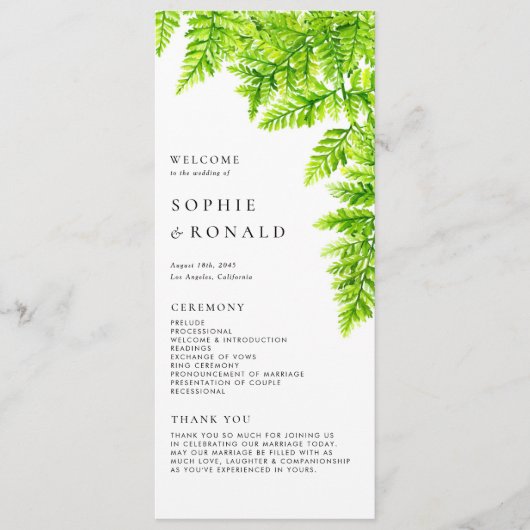 Programme Chartreuse Vert Feuilles de Fougère Mariage Aquare (Devant)