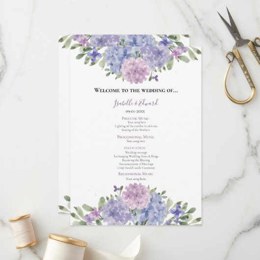 Programme Chic Dusty Blue Lilac Aquarelle Florale Mariage (Devant/Arrière en situation)