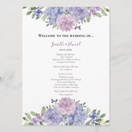 Programme Chic Dusty Blue Lilac Aquarelle Florale Mariage (Devant)