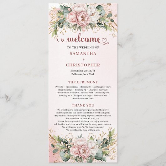Programme Chic Dusty Pink Floral Eucalyptus Wedding Program (Devant)