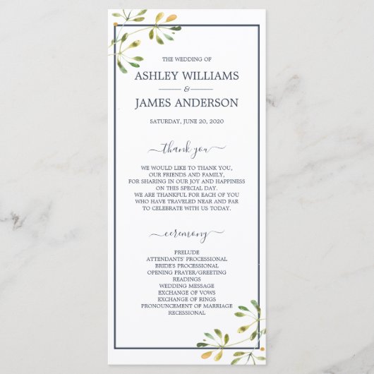 Programme Chic Eucalyptus Green Navy Mariage botanique bleu (Devant)