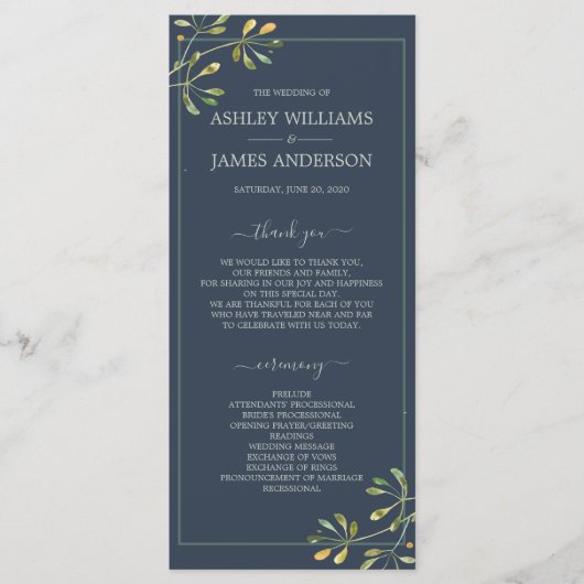 Programme Chic Eucalyptus Green Navy Mariage botanique bleu (Devant)