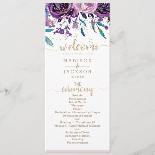 Programme Chic Purple Floral Champagne Gold Wedding Programm (Devant)