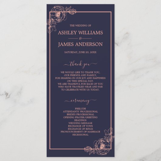 Programme Chic Rose bleu foncé or Floral Outline Mariage (Devant)