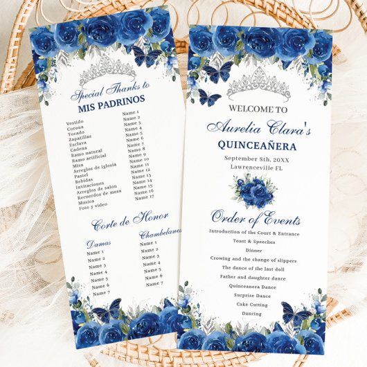 Programme Chic Royal Blue Floral Quinceañera Ordre des événe
