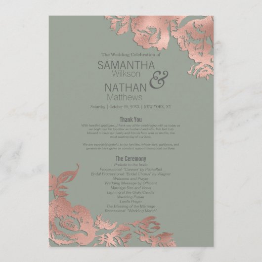 Programme Chic Sage Vert Rose or Mariage Floral or (Devant)