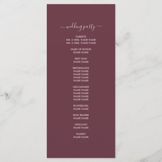 Programme Chic Script Bourgogne Simple Minimal Mariage (Dos)