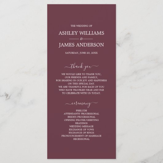 Programme Chic Script Bourgogne Simple Minimal Mariage (Devant)