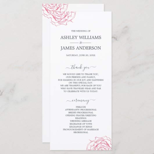 Programme Chic Script Floral Rose Rose Mariage simple (Devant / Derrière)