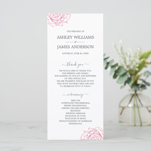Programme Chic Script Floral Rose Rose Mariage simple (Debout devant)