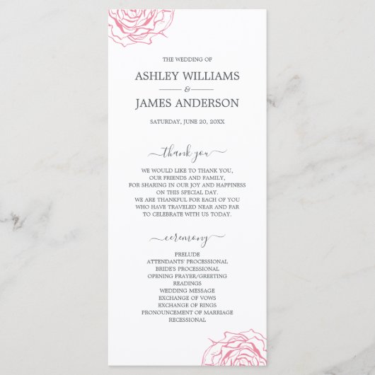 Programme Chic Script Floral Rose Rose Mariage simple (Devant)
