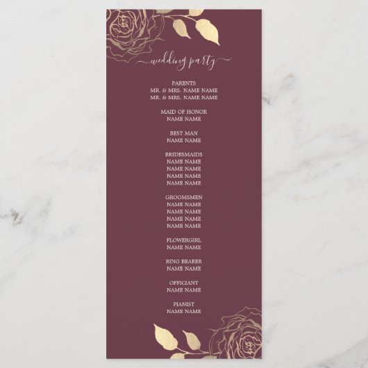 Programme Chic Script Gold Floral Rose Bourgogne Mariage (Dos)
