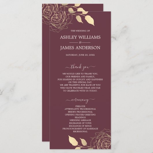 Programme Chic Script Gold Floral Rose Bourgogne Mariage (Devant / Derrière)