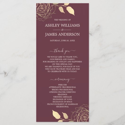 Programme Chic Script Gold Floral Rose Bourgogne Mariage (Devant)