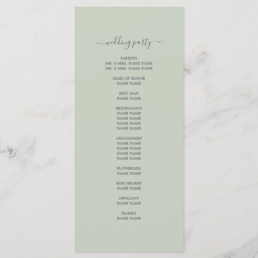 Programme Chic Script Pastel Vert Simple Minimal Mariage (Dos)