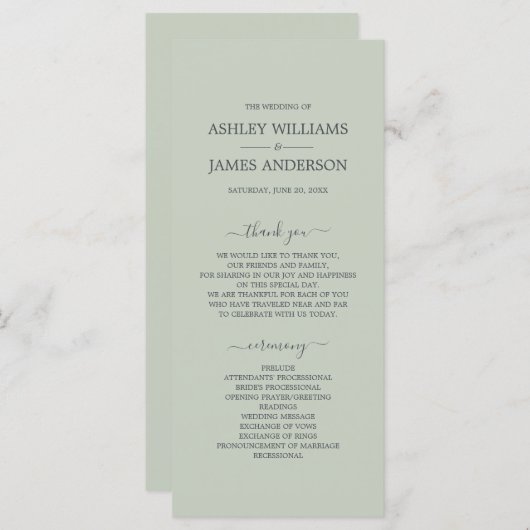 Programme Chic Script Pastel Vert Simple Minimal Mariage (Devant / Derrière)