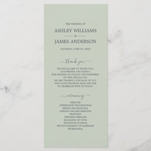 Programme Chic Script Pastel Vert Simple Minimal Mariage (Devant)