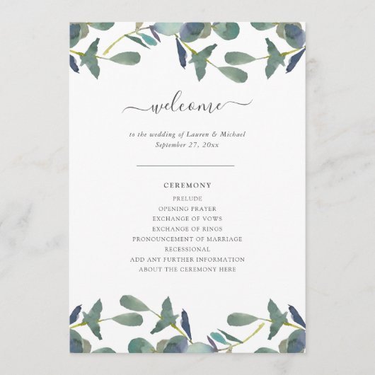 Programme Cimier d'Eucalyptus | Mariage d'aquarelle Feuille (Devant)