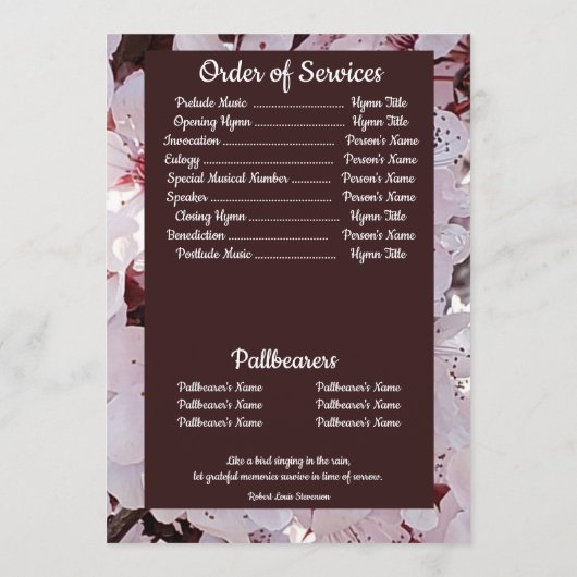 Programme Citer Photo Plum Blossoms Funérailles Arrière - pl (Dos)