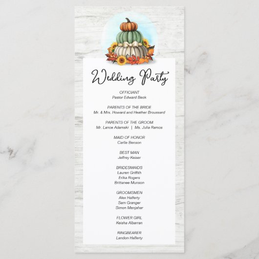 Programme Citrouille de tournesol rustique Pays Mariage de f (Dos)