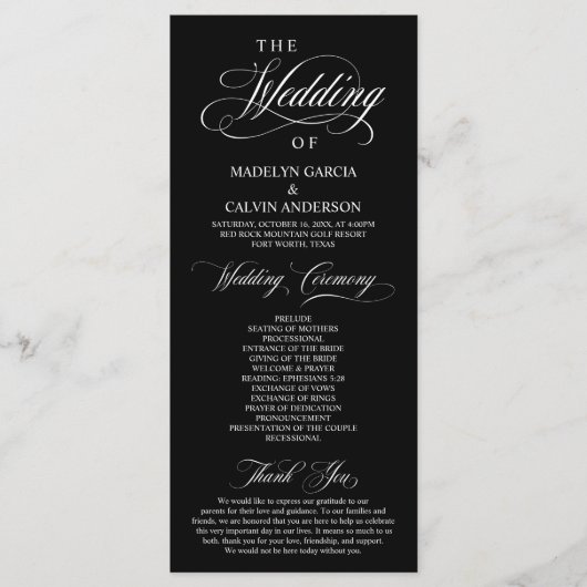 Programme Classic Elegance Black Script Mariage cérémonie (Devant)