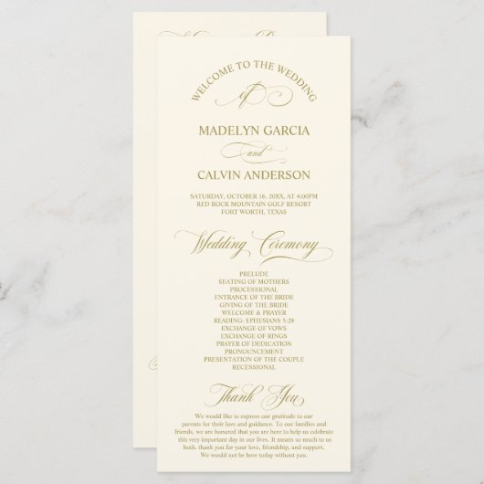 Programme Classic Elegance Gold Script, Cérémonie Mariage (Devant / Derrière)